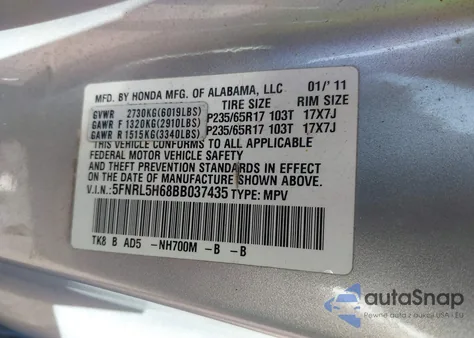 2011 Honda Odyssey Ex-L from USA, damaged, VIN 5FNRL5H68BB037435